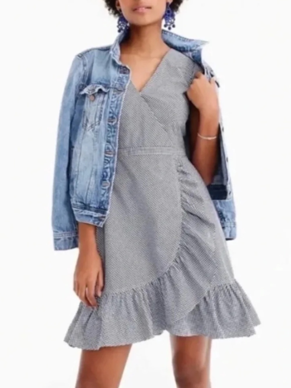 J. Crew Navy & White Gingham Wrap-Style Ruffle Dress